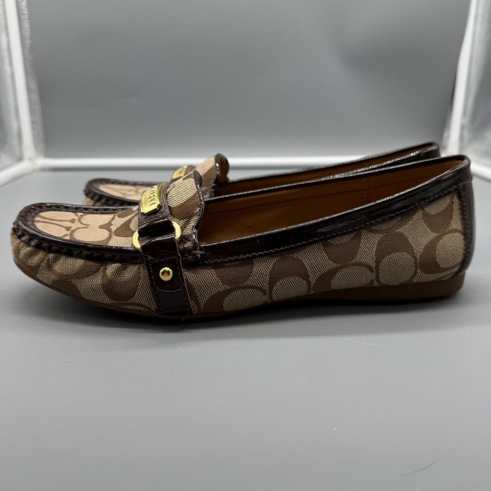 Coach Felisha Signature Monogram Canvas Driving Loafers Brown Khaki 10B Luxury